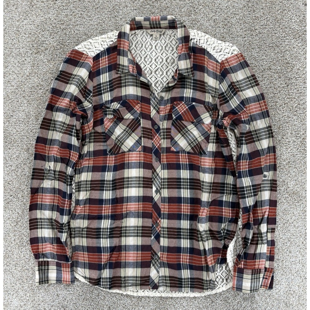 Lucky Brand Shirt Women's‎ S Red Plaid Roll-Tab Crochet Mix Boho Cottage Western